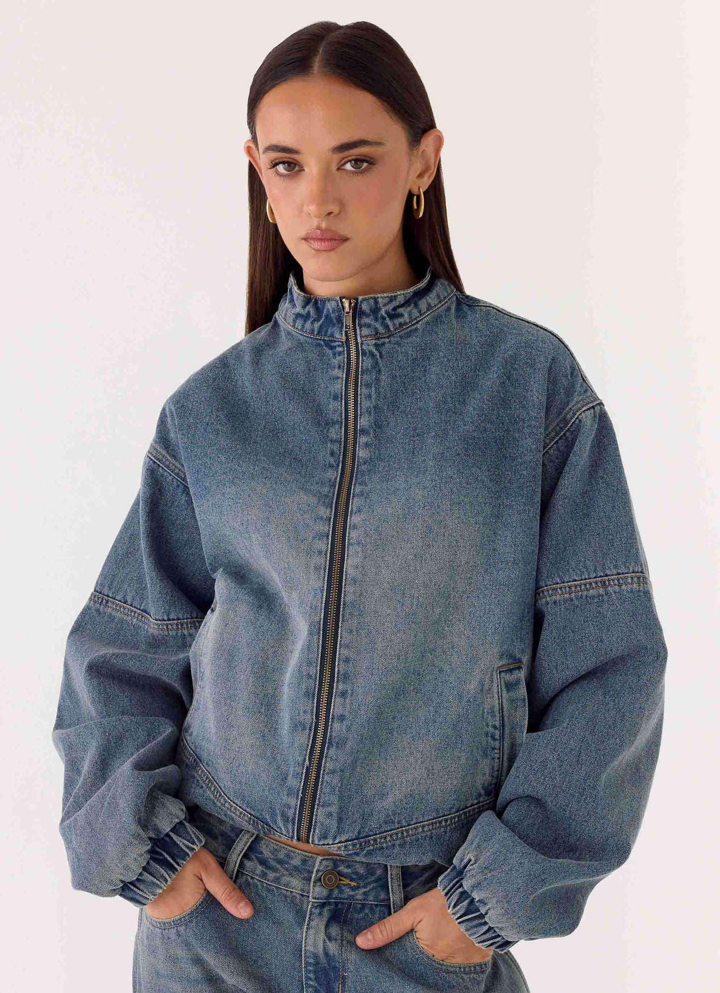 Waylon Denim Bomber Jacket - Mid Wash Blue
